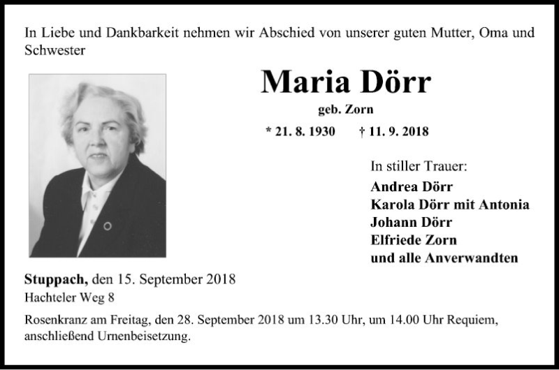  Traueranzeige für Maria Dörr vom 15.09.2018 aus Fränkische Nachrichten