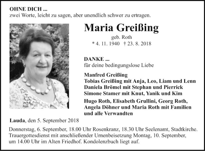  Traueranzeige für Maria Greißing vom 05.09.2018 aus Fränkische Nachrichten