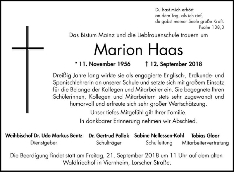  Traueranzeige für Marion Haas vom 19.09.2018 aus Bergsträßer Anzeiger