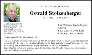 Traueranzeige von Oswald Stolzenberger von Fränkische Nachrichten