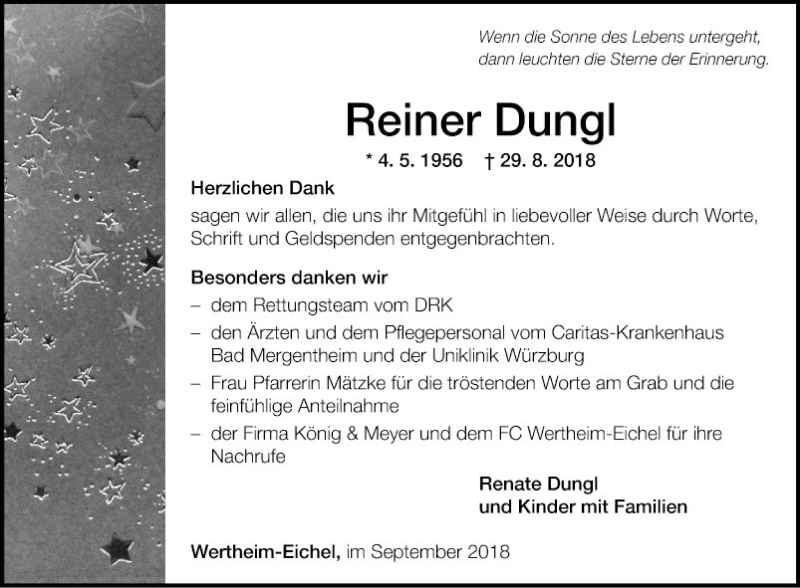  Traueranzeige für Reiner Dungl vom 22.09.2018 aus Fränkische Nachrichten