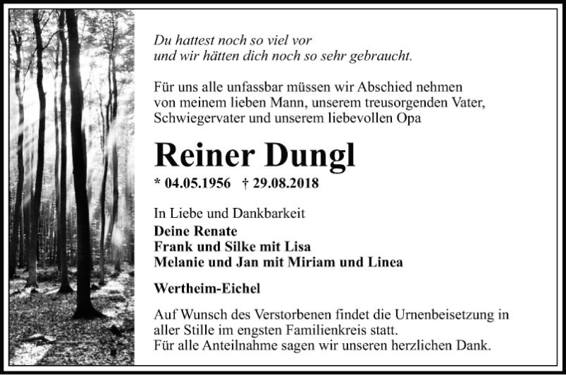  Traueranzeige für Reiner Dungl vom 04.09.2018 aus Fränkische Nachrichten
