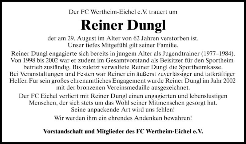  Traueranzeige für Reiner Dungl vom 05.09.2018 aus Fränkische Nachrichten