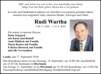 Traueranzeige von Rudi Wartha von Fränkische Nachrichten