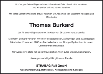 Traueranzeige von Thomas Burkard von Fränkische Nachrichten