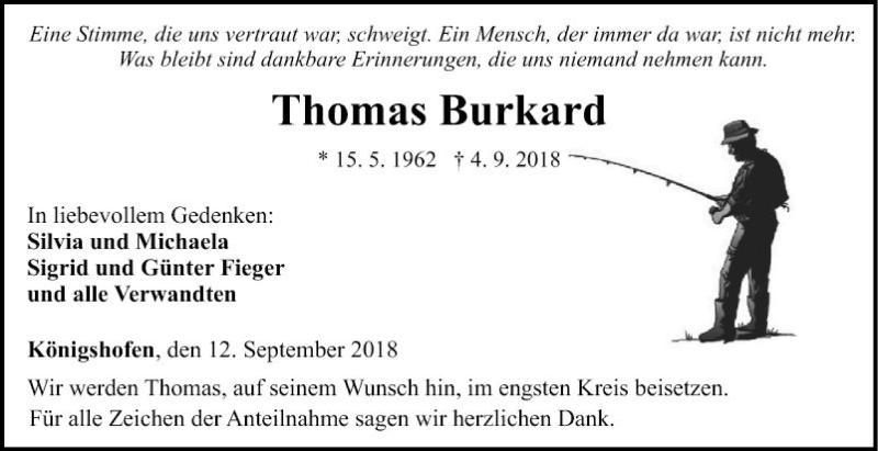  Traueranzeige für Thomas Burkard vom 12.09.2018 aus Fränkische Nachrichten
