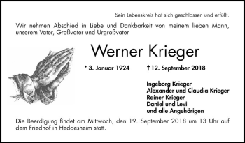 Traueranzeige von Werner Krieger von Mannheimer Morgen