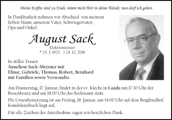 Traueranzeige von August Sack von Fränkische Nachrichten
