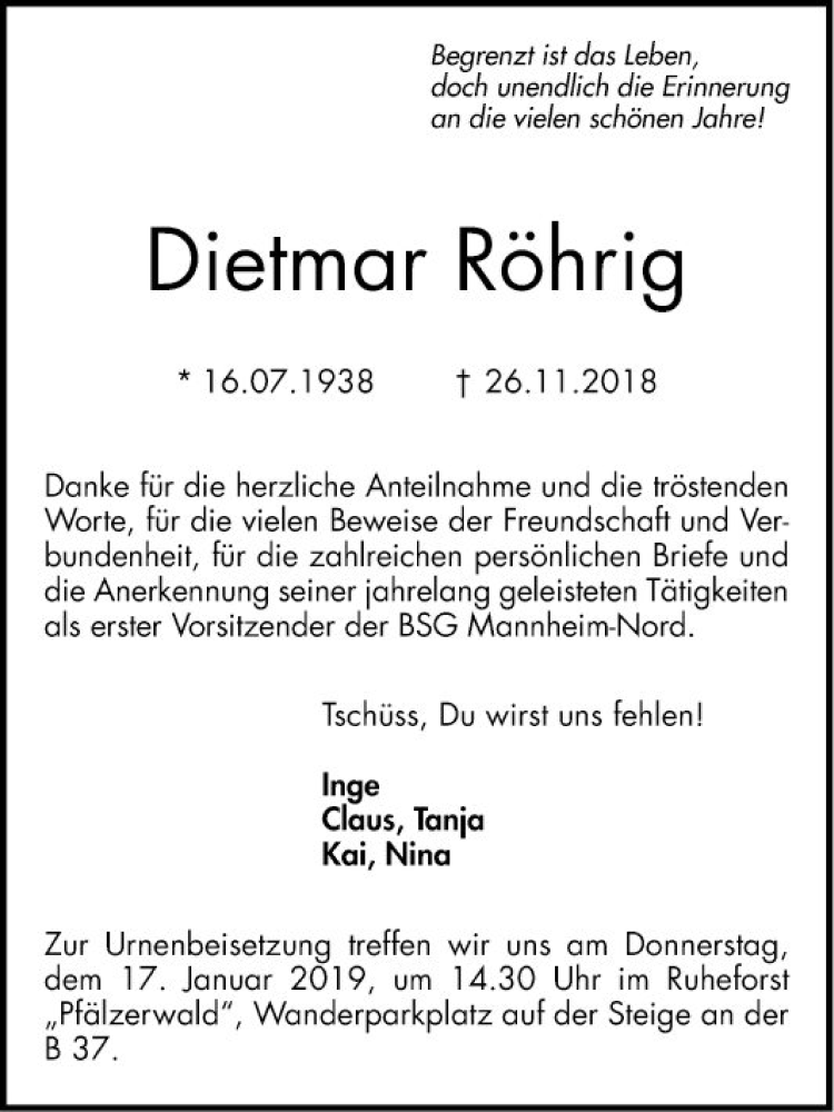  Traueranzeige für Dietmar Röhrig vom 12.01.2019 aus Mannheimer Morgen