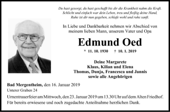 Traueranzeige von Edmund Oed von Fränkische Nachrichten