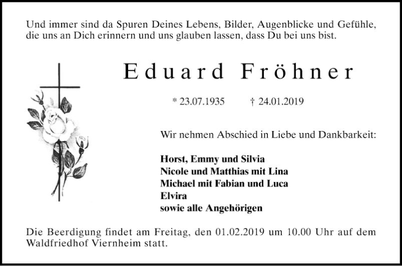  Traueranzeige für Eduard Fröhner vom 26.01.2019 aus Südhessen Morgen