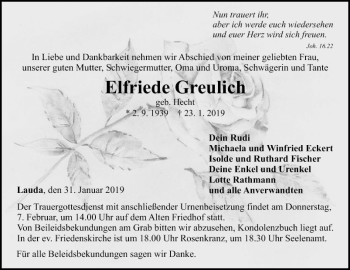 Traueranzeige von Elfriede Greulich von Fränkische Nachrichten
