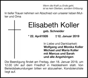 Traueranzeige von Elisabeth Koller von Mannheimer Morgen