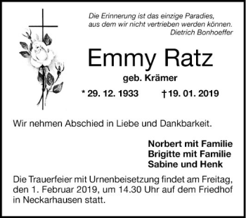 Traueranzeige von Emmy Ratz von Mannheimer Morgen