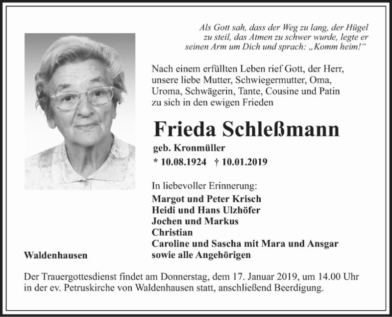  Traueranzeige für Frieda Schleßmann vom 14.01.2019 aus Fränkische Nachrichten