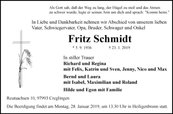 Traueranzeige von Fritz Schmidt von Fränkische Nachrichten