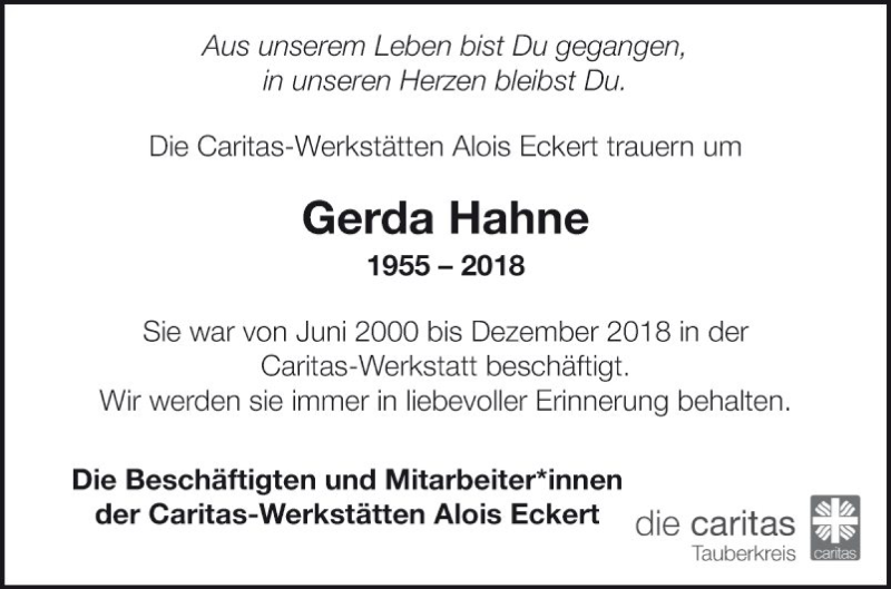  Traueranzeige für Gerda Hahne vom 14.01.2019 aus Fränkische Nachrichten