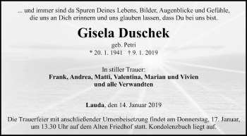 Traueranzeige von Gisela Duschek von Fränkische Nachrichten