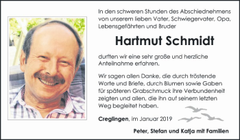 Traueranzeige von Hartmut Schmidt von Fränkische Nachrichten