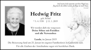 Traueranzeige von Hedwig Fritz von Fränkische Nachrichten
