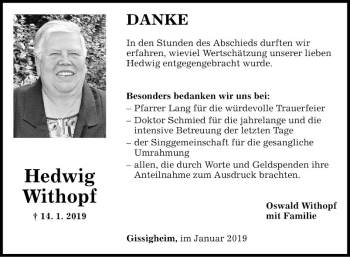 Traueranzeige von Hedwig Withopf von Fränkische Nachrichten