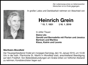 Traueranzeige von Heinrich Grein von Fränkische Nachrichten