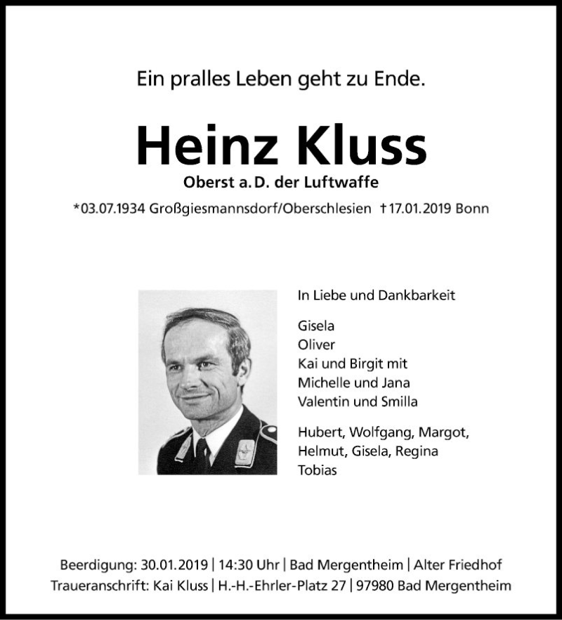 Traueranzeige für Heinz Kluss vom 25.01.2019 aus Fränkische Nachrichten