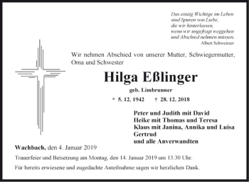 Traueranzeige von Hilga Eßlinger von Fränkische Nachrichten