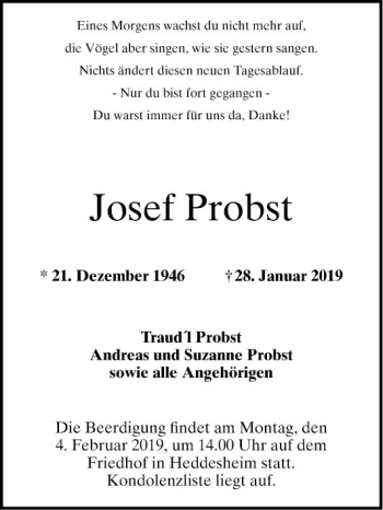 Traueranzeige von Josef Probst von Mannheimer Morgen