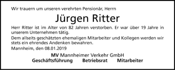 Traueranzeige von Jürgen Ritter von Mannheimer Morgen