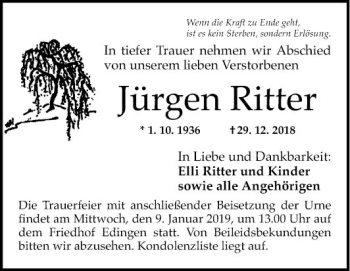 Traueranzeige von Jürgen Ritter von Mannheimer Morgen