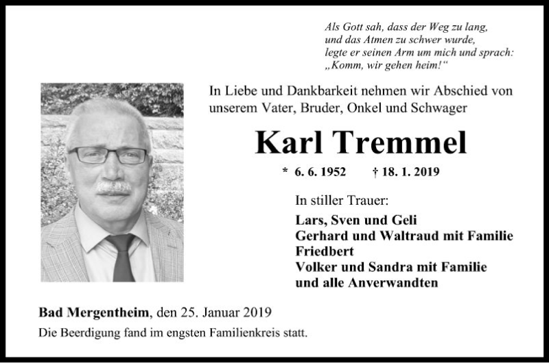 Traueranzeigen von Karl Tremmel | Trauerportal Ihrer Tageszeitung