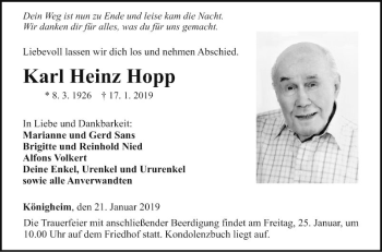Traueranzeige von Karl Heinz Hopp von Fränkische Nachrichten