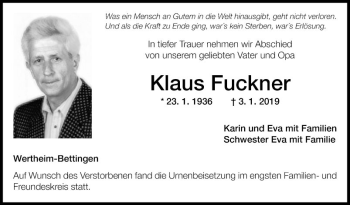 Traueranzeige von Klaus Fuckner von Fränkische Nachrichten