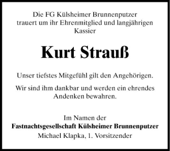 Traueranzeige von Kurt Strauß von Fränkische Nachrichten