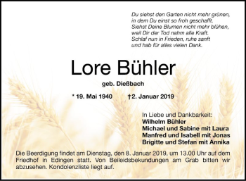 Traueranzeige von Lore Bühler von Mannheimer Morgen