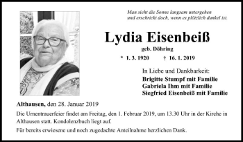 Traueranzeige von Lydia Eisenbeiß von Fränkische Nachrichten