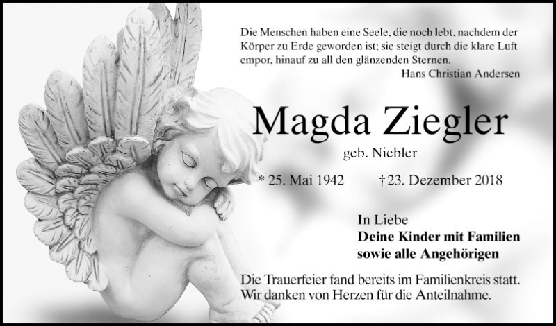  Traueranzeige für Magda Ziegler vom 05.01.2019 aus Mannheimer Morgen