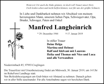 Traueranzeige von Manfred Langheinrich von Fränkische Nachrichten