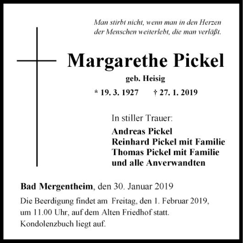  Traueranzeige für Margarethe Pickel vom 30.01.2019 aus Fränkische Nachrichten
