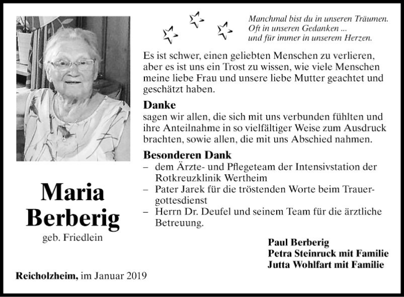  Traueranzeige für Maria Berberig vom 17.01.2019 aus Fränkische Nachrichten