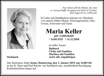 Traueranzeige von Maria Keller von Fränkische Nachrichten