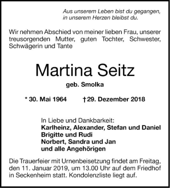 Traueranzeige von Martina Seitz von Mannheimer Morgen
