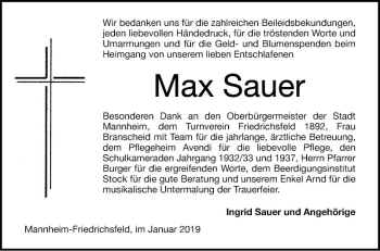 Traueranzeige von Max Sauer von Mannheimer Morgen