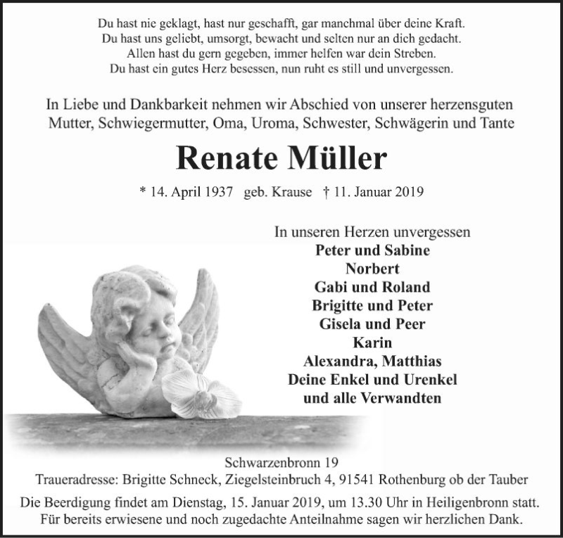  Traueranzeige für Renate Müller vom 14.01.2019 aus Fränkische Nachrichten