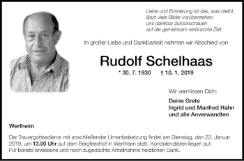 Traueranzeige von Rudolf Schelhaas von Fränkische Nachrichten