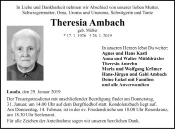 Traueranzeige von Theresia Ambach von Fränkische Nachrichten
