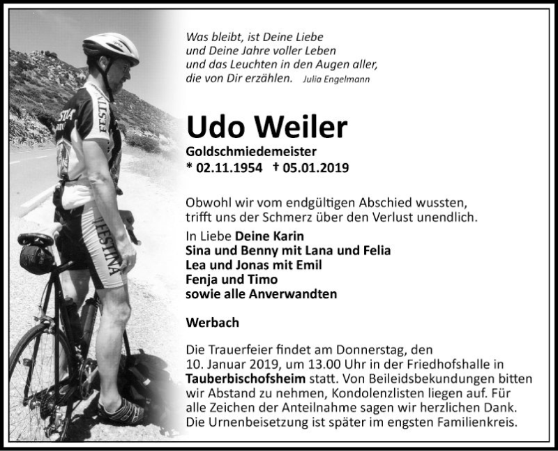  Traueranzeige für Udo Weiler vom 08.01.2019 aus Fränkische Nachrichten