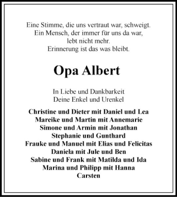 Traueranzeige von Albert  von Fränkische Nachrichten