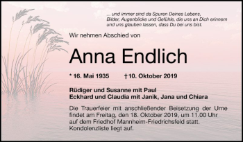 Traueranzeige von Anna Endlich von Mannheimer Morgen